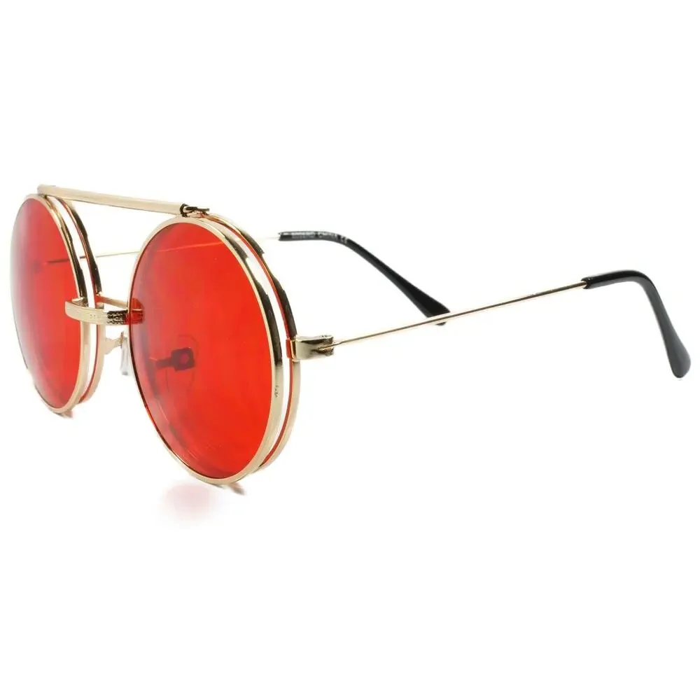 Vintage Retro Funky Steampunk Mens Womens Gold Red Lens Round Circle Sun Glasses